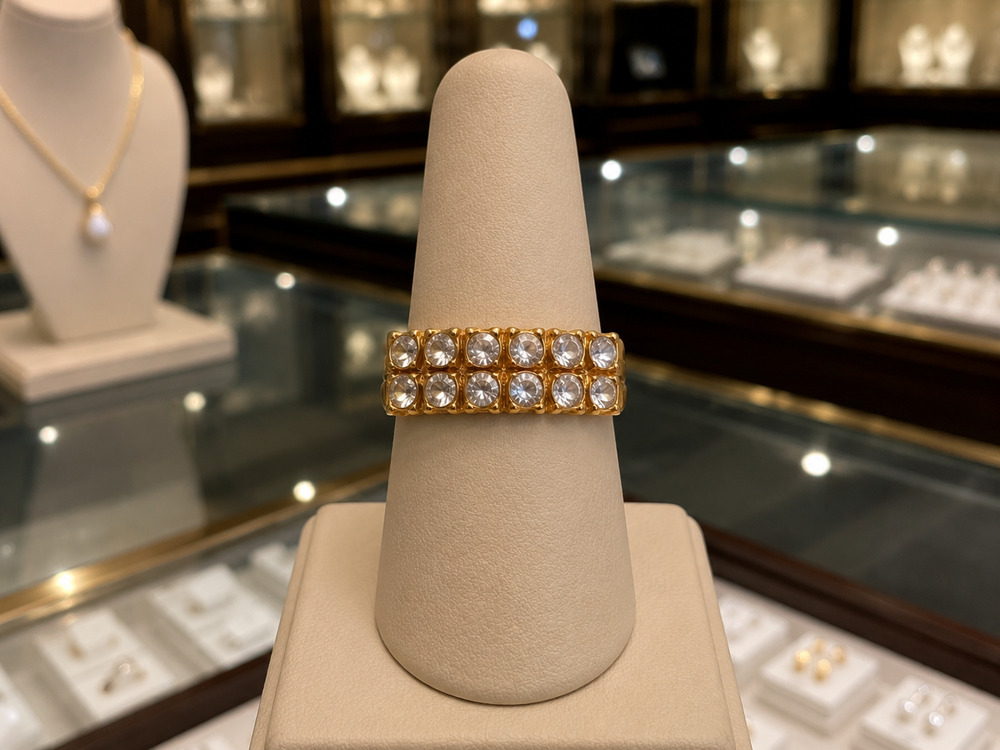 Vintage Gold Tone 2 Row Clear Rhinestone Statement Band Ring Costume Jewelry Sz8